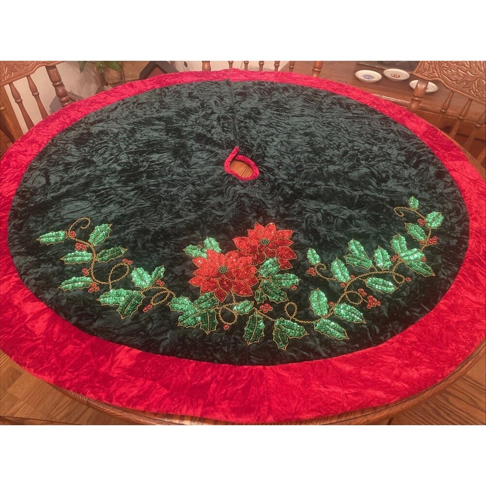 Vtg Tree Skirt Christmas Sequin Embellished Holly Poinsettia Red & Green Velvet